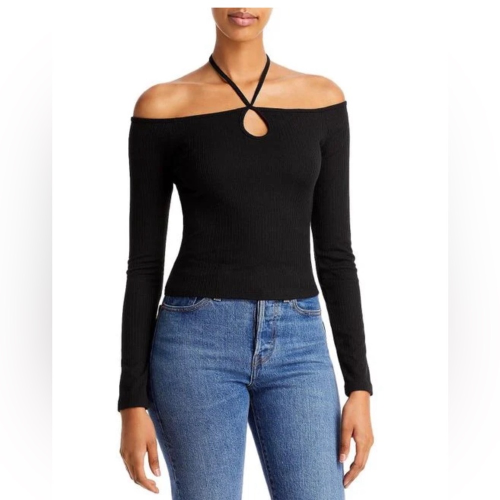 Aqua Women's Black Cut Out Halter Off Shoulder Blouse Long Sleeve